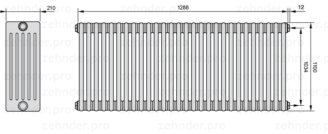 Схема (чертеж) Радиатор Zehnder Charleston 6110/28 №7610 Белый глянцевый RAL 9016